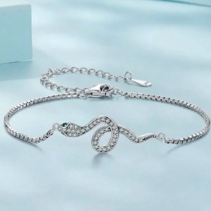 Platinum 925 Sterling Silver Green Eyed Zirconia Snake Pendant Bracelet – 8″