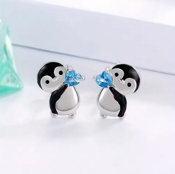 Silver Plated Cute Little Cow/Blue Heart Penguin Stud Earrings - Image 3