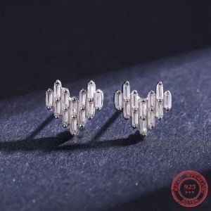 Genuine 925 Sterling Silver Emerald Cut Romantic Heart Stud Earrings