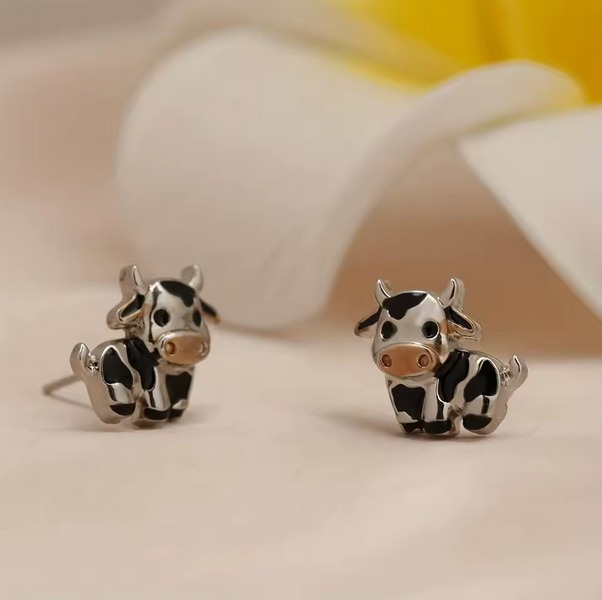 Silver Plated Cute Little Cow/Blue Heart Penguin Stud Earrings - Image 2