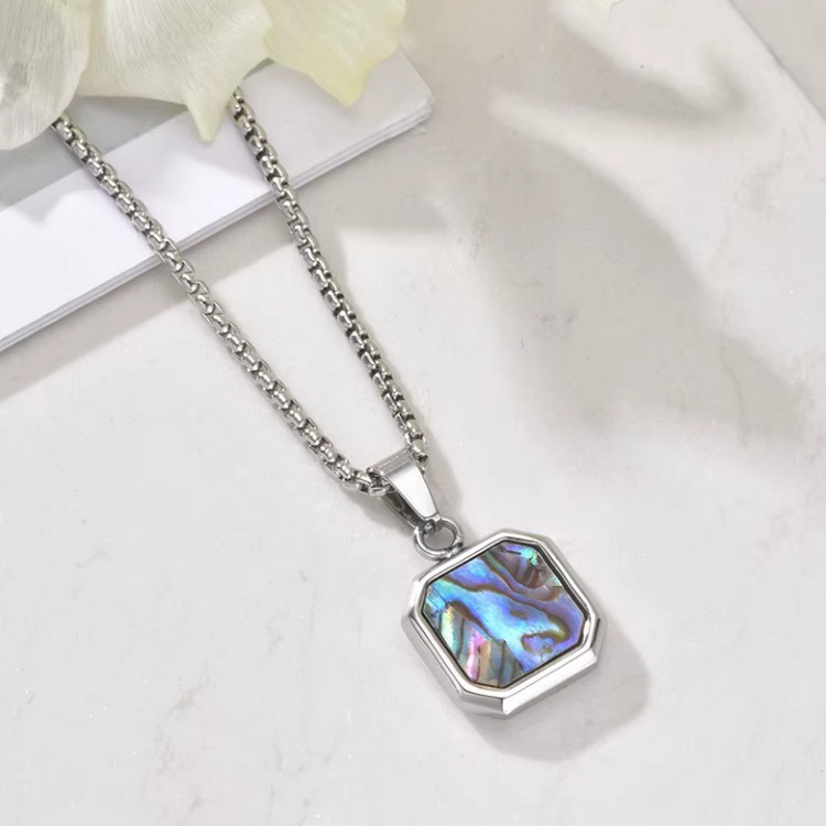 Men’s 316L Stainless Steel Square Tag Design Abalone Shell Pendant Necklace (60) - Image 3