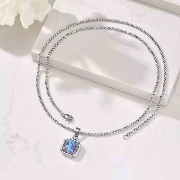 Men’s 316L Stainless Steel Square Tag Design Abalone Shell Pendant Necklace (60) - Image 5