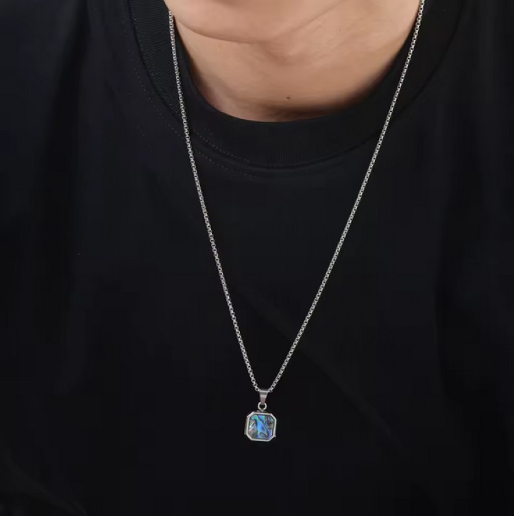 Men’s 316L Stainless Steel Square Tag Design Abalone Shell Pendant Necklace (60) - Image 4