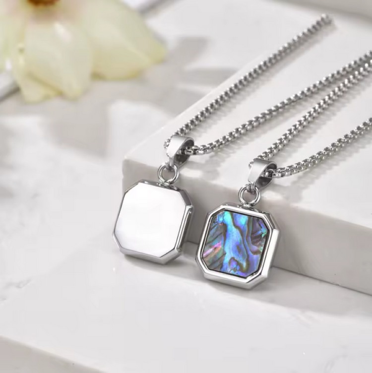 Men’s 316L Stainless Steel Square Tag Design Abalone Shell Pendant Necklace (60)