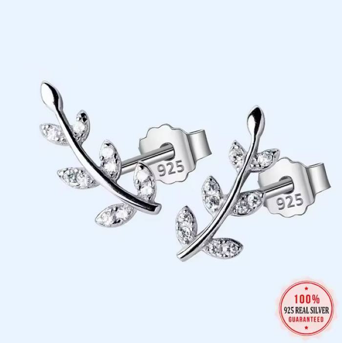 Genuine 18K 925 Sterling Silver Dazzling Little Branch Stud Earrings