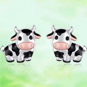 Silver Plated Cute Little Cow/Blue Heart Penguin Stud Earrings