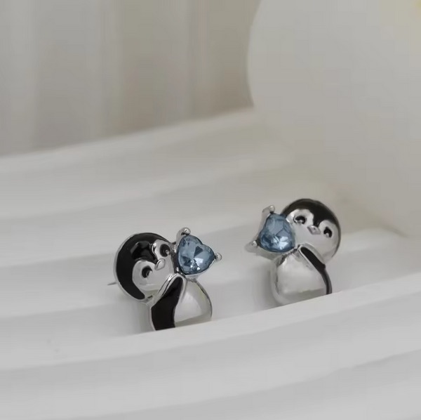 Silver Plated Cute Little Cow/Blue Heart Penguin Stud Earrings - Image 4