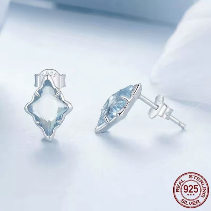 Exquisite 18K 925 Sterling Silver Transparent Blue Starburst Stud Earrings - Image 3