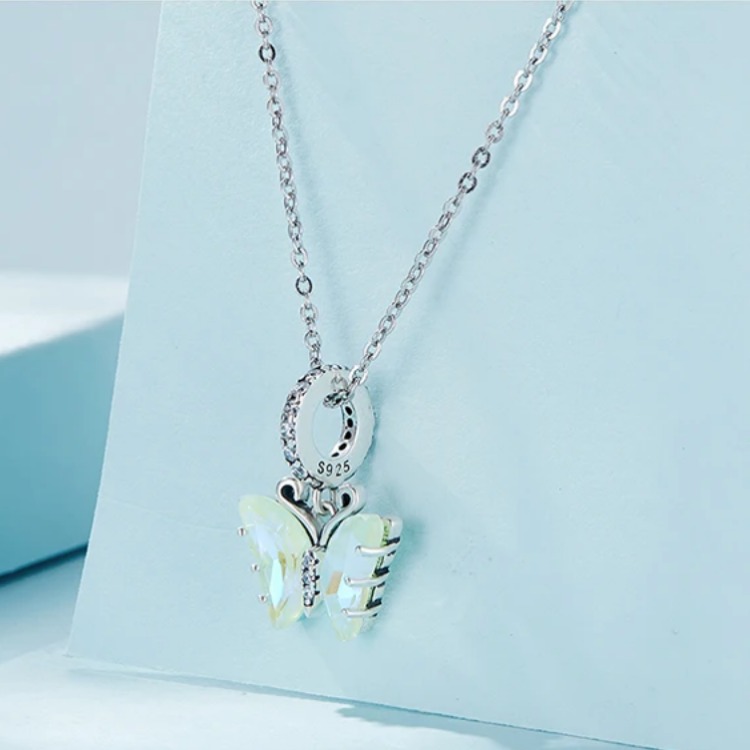 Platinum 925 Sterling Silver Delicate Rainbow Crystal Butterfly Charm Pendant - Image 3