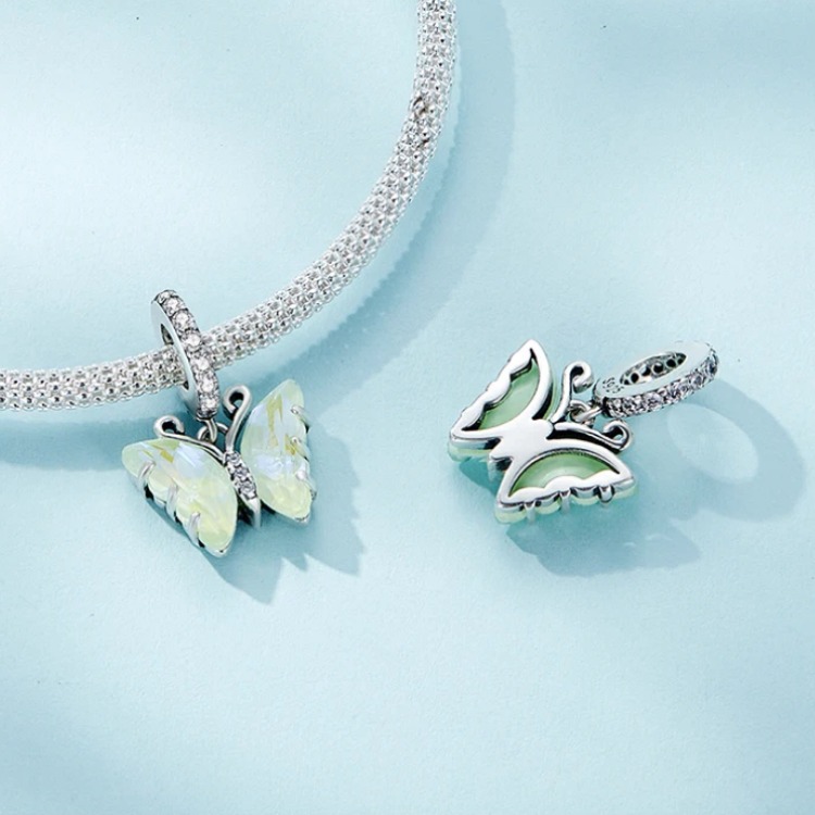 Platinum 925 Sterling Silver Delicate Rainbow Crystal Butterfly Charm Pendant
