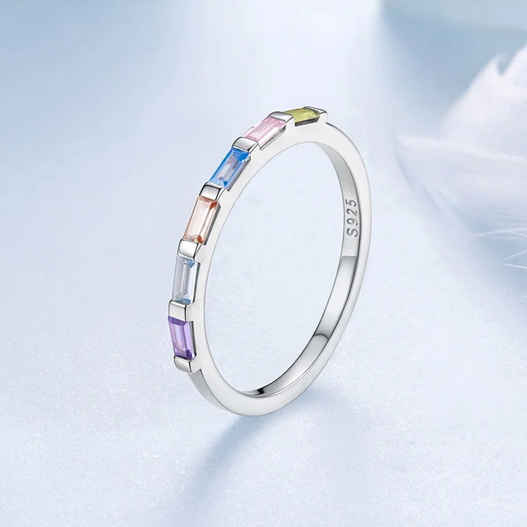 18K 925 Sterling Silver Multi-Color Zirconia Eternity Ring (Size 6, 7)