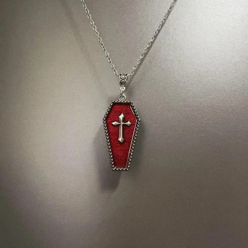 Creative Glossy Design Cross Coffin Retro Pendant Necklace (Red, Black) - Image 2