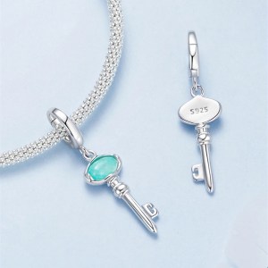 18K Solid 925 Sterling Silver Amazonite Key Charm Fit Pendant