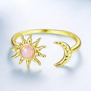 18K 925 Sterling Silver Pink Opal Sun & Moon Adjustable Ring + Pendant Choker