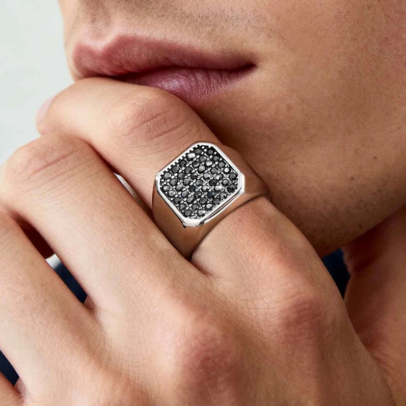 Men’s Stainless Steel A+ Grey Zirconia Big Square Signet Ring (Size 8-12) - Image 2