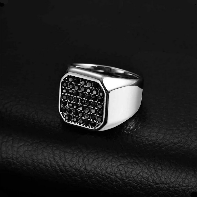 Men’s Stainless Steel A+ Grey Zirconia Big Square Signet Ring (Size 8-12) - Image 4