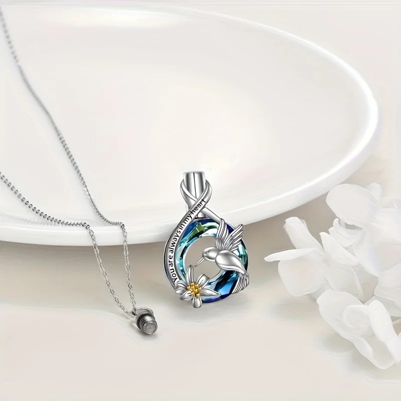“Always in my heart” Hummingbird Crystal Cremation Keepsake Pendant Necklace - Image 2