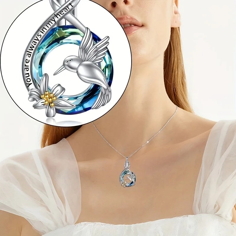 “Always in my heart” Hummingbird Crystal Cremation Keepsake Pendant Necklace - Image 3