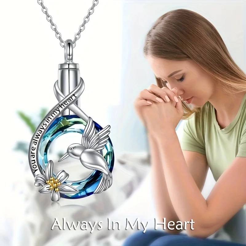 “Always in my heart” Hummingbird Crystal Cremation Keepsake Pendant Necklace - Image 4