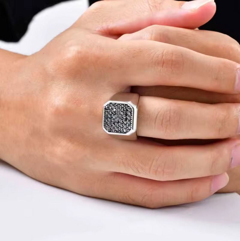 Men’s Stainless Steel A+ Grey Zirconia Big Square Signet Ring (Size 8-12) - Image 5