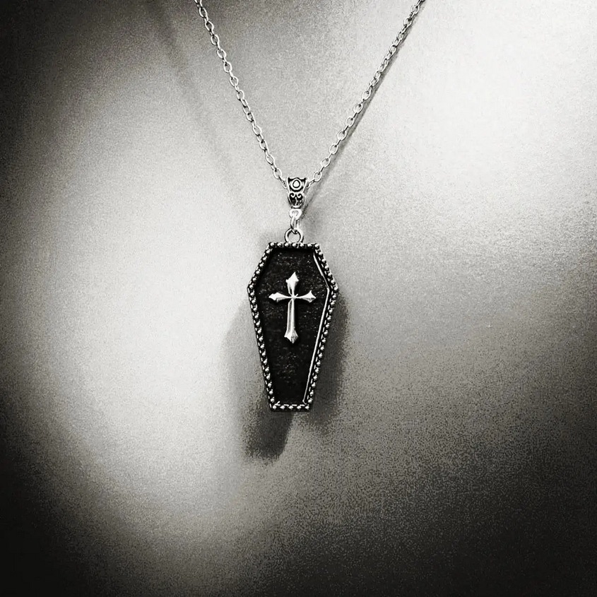 Creative Glossy Design Cross Coffin Retro Pendant Necklace (Red, Black) - Image 3