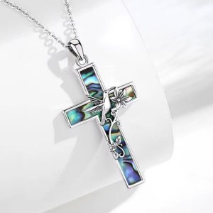 Genuine 925 Sterling Silver Abalone Shell Hummingbird Cross Pendant Necklace