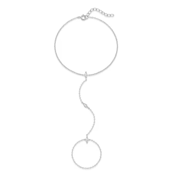 18K 925 Sterling Silver 3-Stone Marquise Cut A5 Zirconia Bracelet Chain Ring (8″) - Image 2