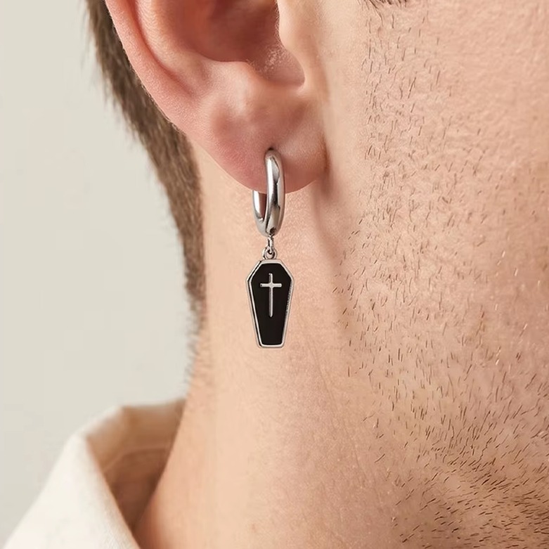 Quality Stainless Steel Coffin Cross Design Hoop Drop Earrings - Image 2