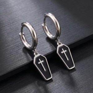 Quality Stainless Steel Coffin Cross Design Hoop Drop Earrings