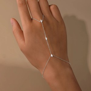 18K 925 Sterling Silver 3-Stone Marquise Cut A5 Zirconia Bracelet Chain Ring (8″)