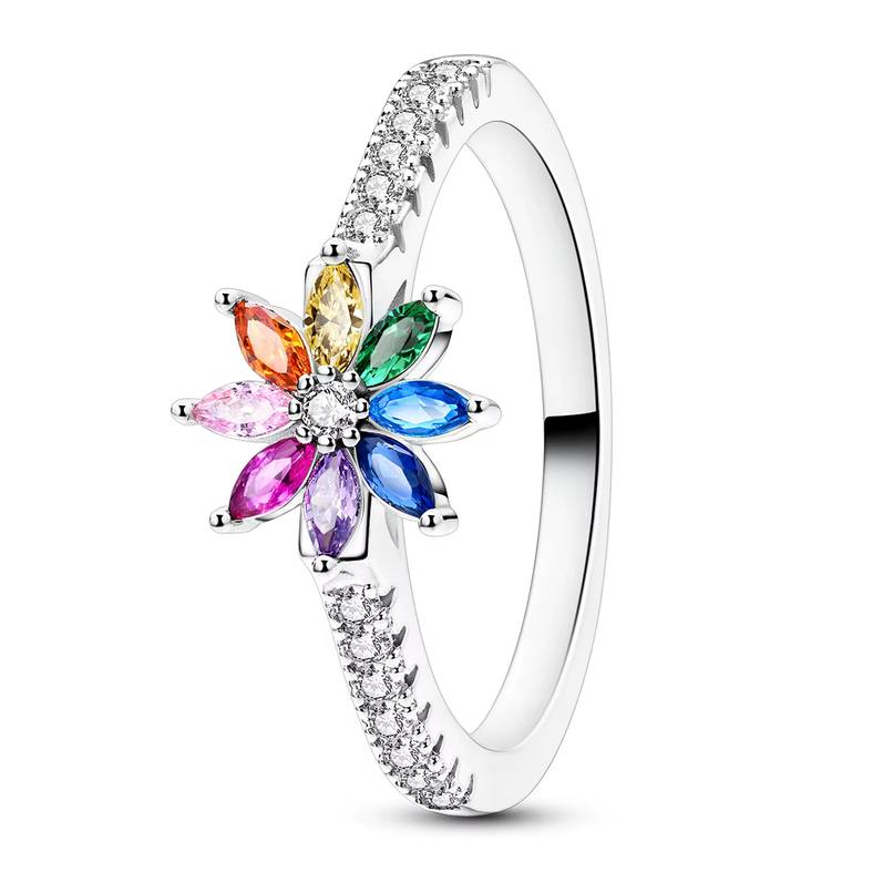Exquisite Sterling Silver Plated Multicolor Zirconia Flower Ring (Size 6-9)