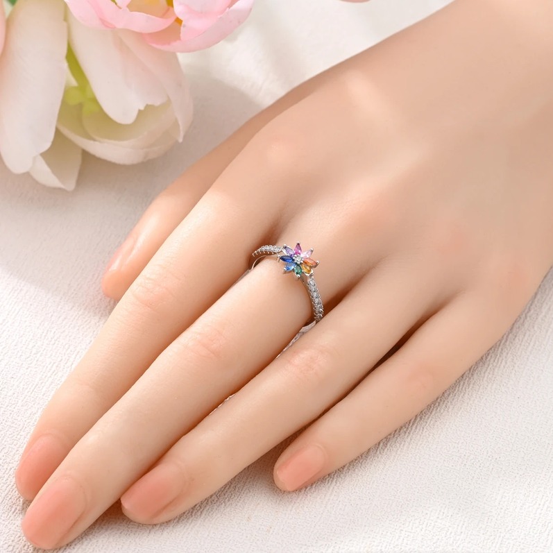 Exquisite Sterling Silver Plated Multicolor Zirconia Flower Ring (Size 6-9) - Image 3