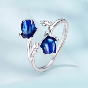 Exquisite 18K 925 Sterling Silver 3D Blue Rose Adjustable Flower Ring (Size 7-9)