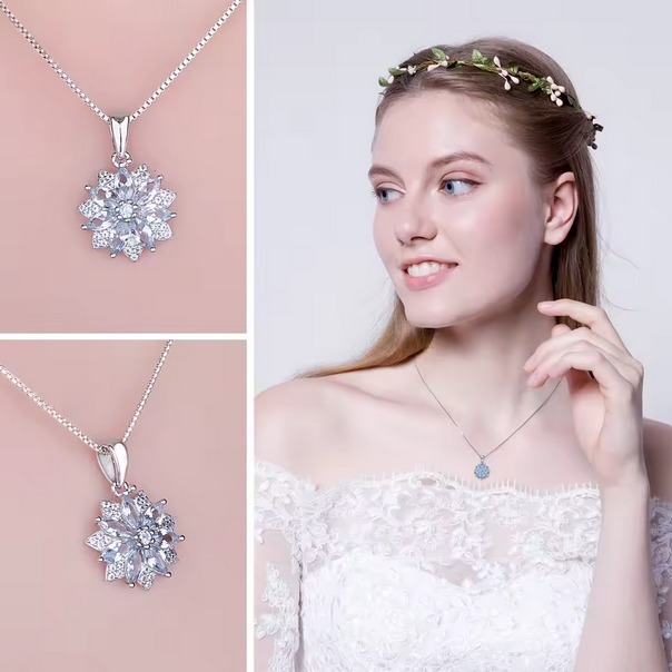 Exquisite 925 Sterling Silver Light Blue Spinel Flower Pendant Necklace - Image 2