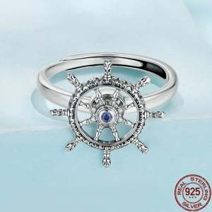Platinum 925 Sterling Silver Vintage Ship Rotation Rudder Adjustable Ring (7-9)