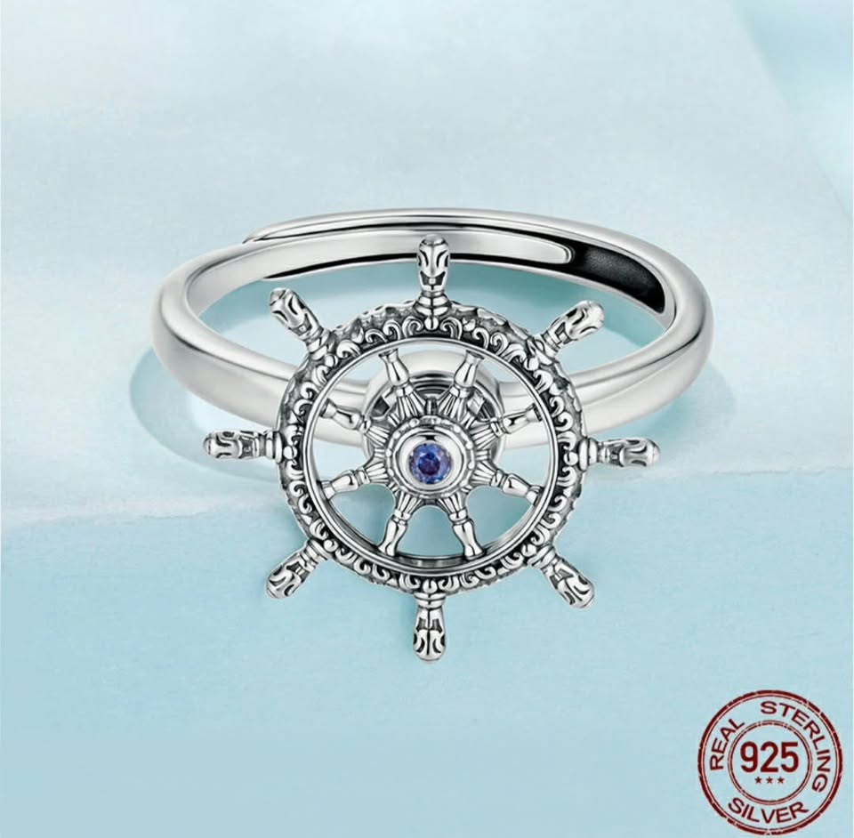Platinum 925 Sterling Silver Vintage Ship Rotation Rudder Adjustable Ring (7-9)