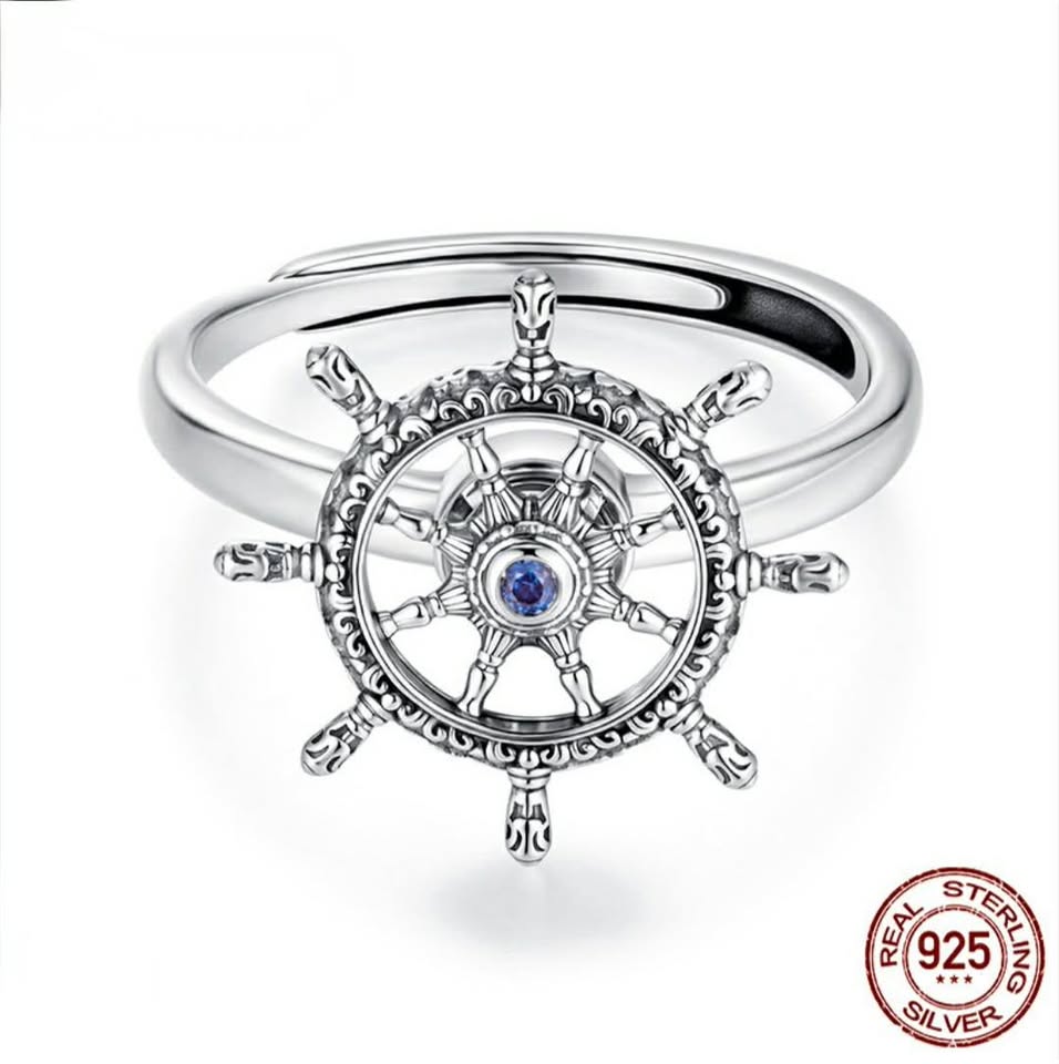 Platinum 925 Sterling Silver Vintage Ship Rotation Rudder Adjustable Ring (7-9) - Image 4