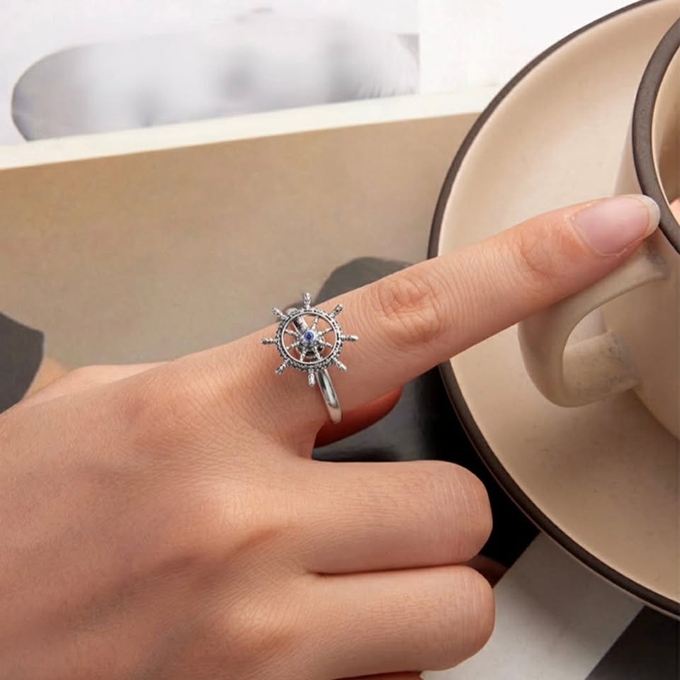 Platinum 925 Sterling Silver Vintage Ship Rotation Rudder Adjustable Ring (7-9) - Image 3