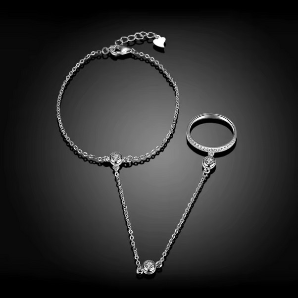 Platinum 925 Sterling Silver A3 Zirconia Bracelet Chain Adjustable Ring (7-8) - Image 2