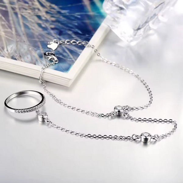 Platinum 925 Sterling Silver A3 Zirconia Bracelet Chain Adjustable Ring (7-8) - Image 3