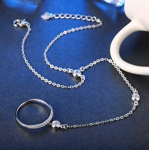 Platinum 925 Sterling Silver A3 Zirconia Bracelet Chain Adjustable Ring (7-8) - Image 4