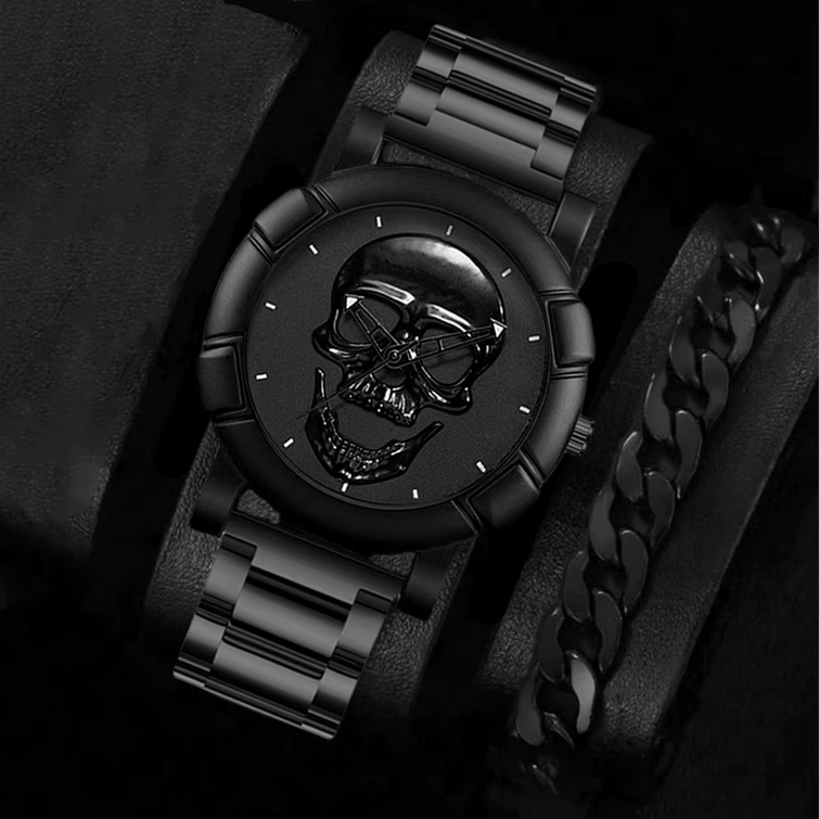 Men’s Quartz Skull Design Stainless Steel Band Watch (8.7″) + Bracelet (9.5″) - Image 2