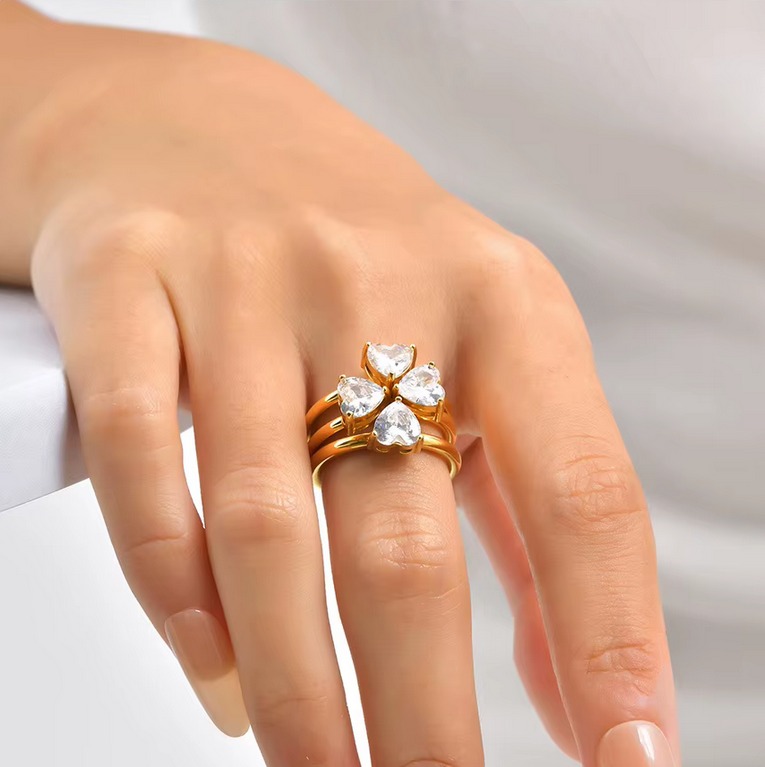 3PC Stackable 18K/316L Dazzling Zirconia Hearts Clover Ring Set (Size 6-8) - Image 4