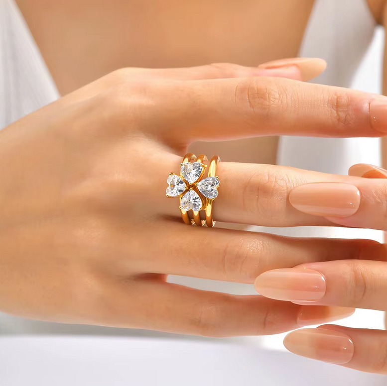 3PC Stackable 18K/316L Dazzling Zirconia Hearts Clover Ring Set (Size 6-8) - Image 2