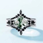 Genuine 925 Sterling Silver Natural Moss Agate Luxury 3PC Crown Ring Set (6-8)