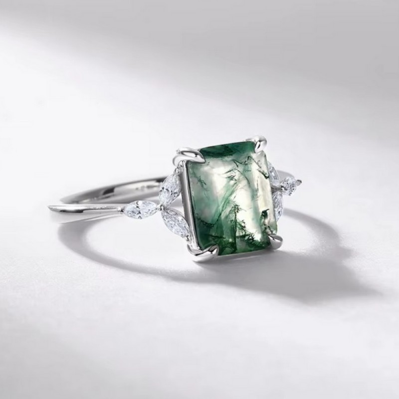 Genuine 925 Sterling Silver 3CT Natural Moss Agate Creative Ring (Size 6-8)