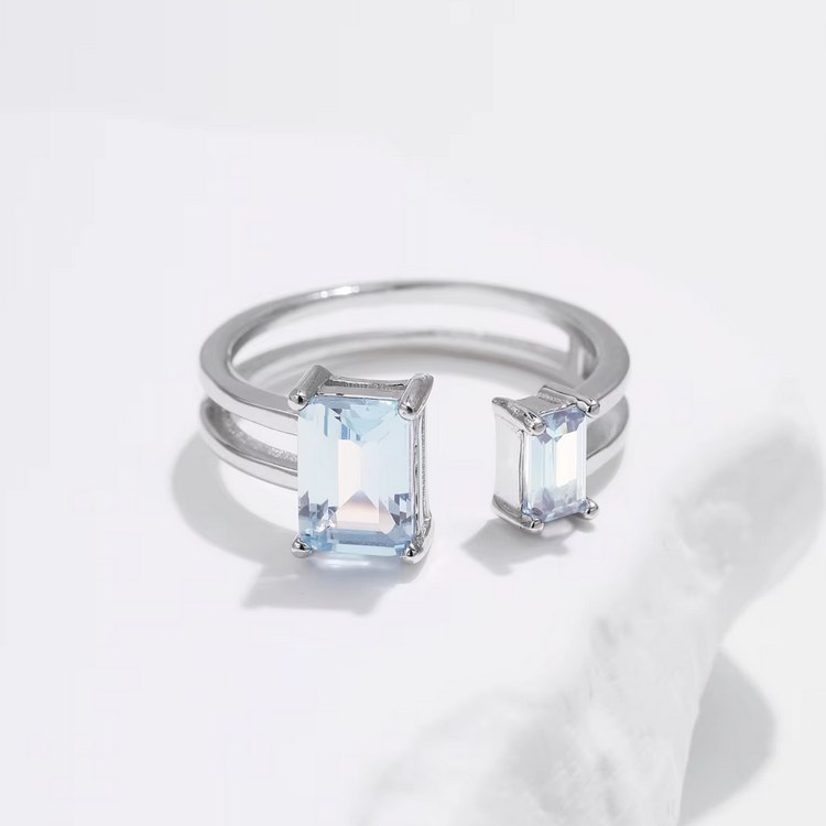 925 Sterling Silver Light Blue Emerald Cut Zirconia Adjustable Ring (Size 5.5-7) - Image 3