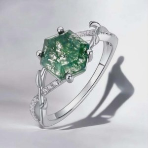 Genuine 925 Sterling Silver 3CT Natural Moss Agate Hexagon Infinity Ring (6-8)