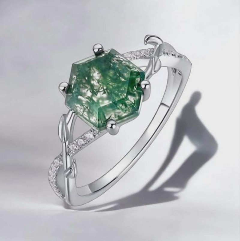 Genuine 925 Sterling Silver 3CT Natural Moss Agate Hexagon Infinity Ring (6-8)