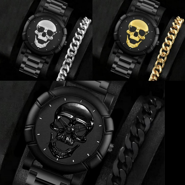 Men’s Quartz Skull Design Stainless Steel Band Watch (8.7″) + Bracelet (9.5″)
